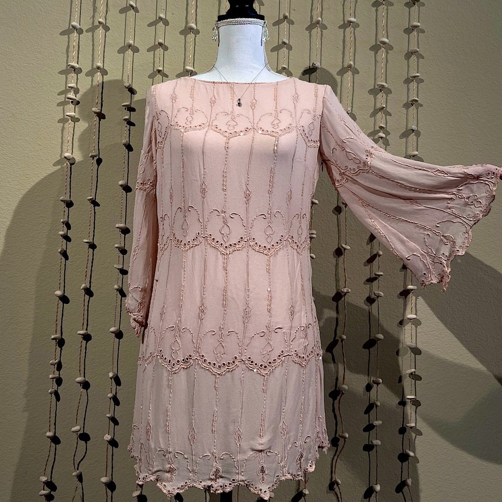 Light Pink Backless Bell Sleeve Boho Wedding Guest Dress (uma and leopold)